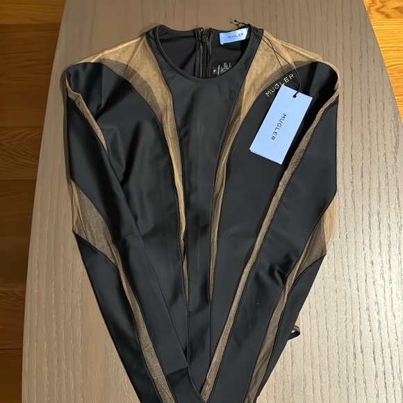 MUGLER Women's Black Paneled Stretch-jersey And Tulle Bodysuit - Picture 1 of 3